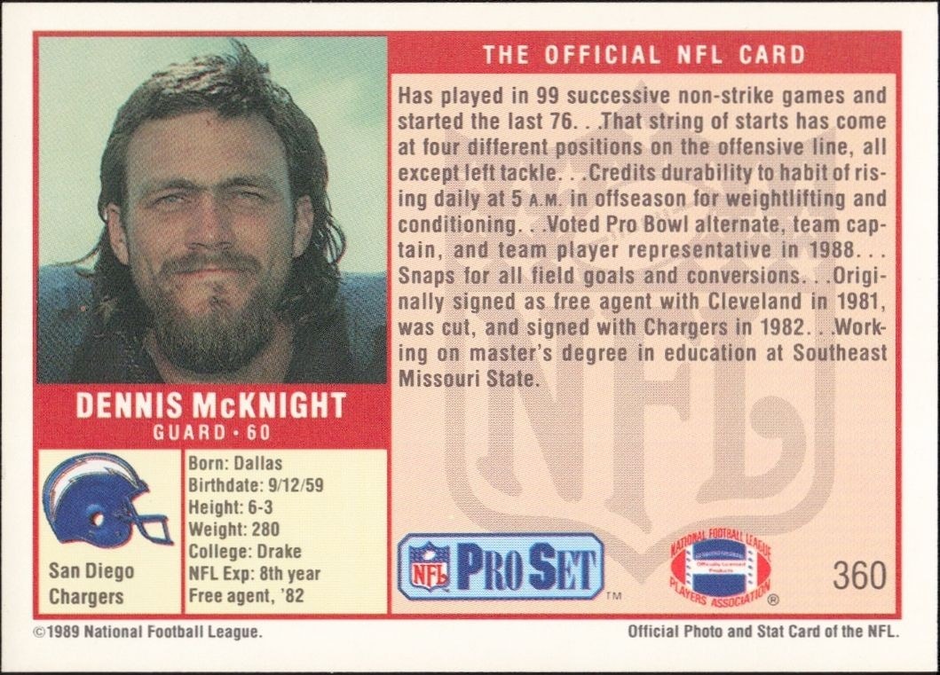 1989 Pro Set Dennis McKnight #360 football trading card back