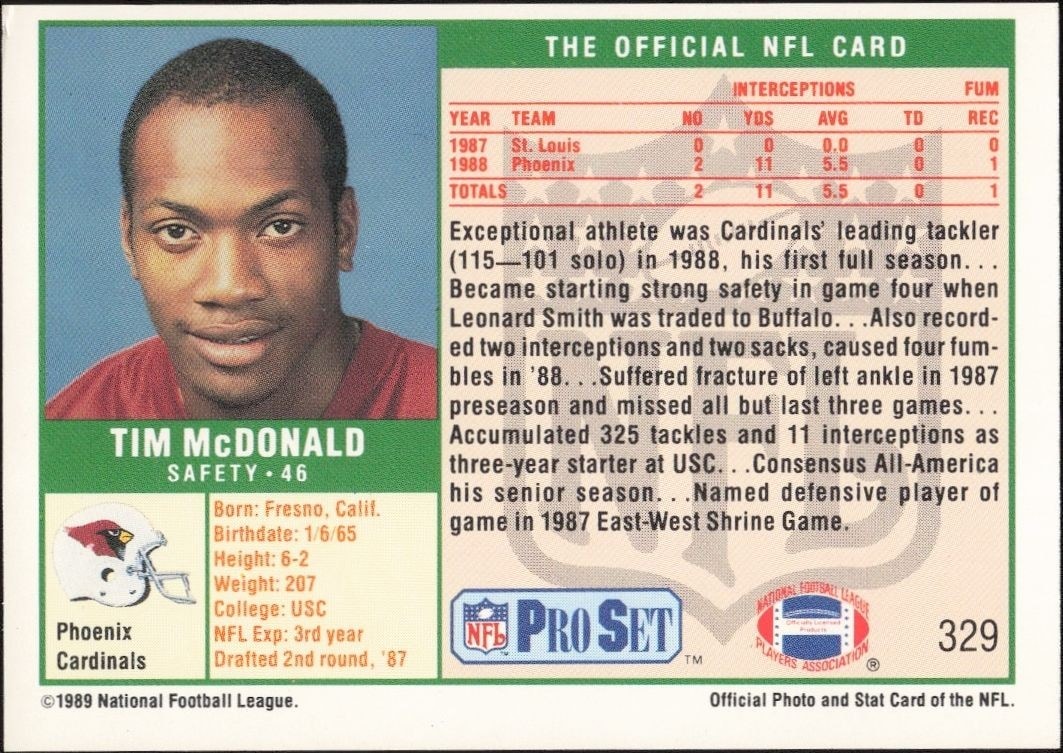 1989 Pro Set Tim McDonald #329 football trading card back