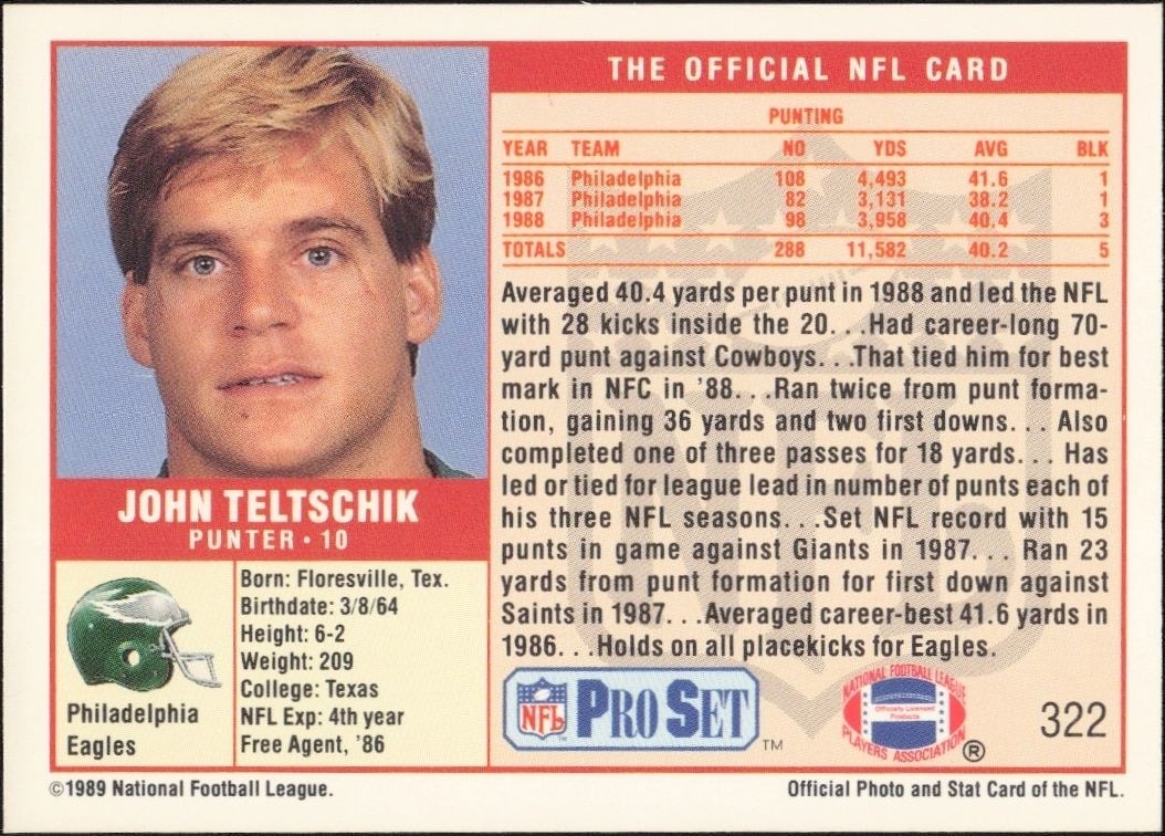 1989 Pro Set John Teltschik #322 football trading card back