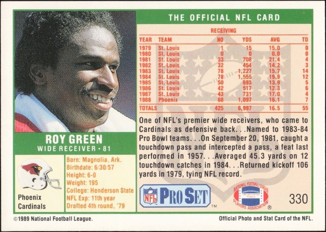 1989 Pro Set Roy Green #330 football trading card back