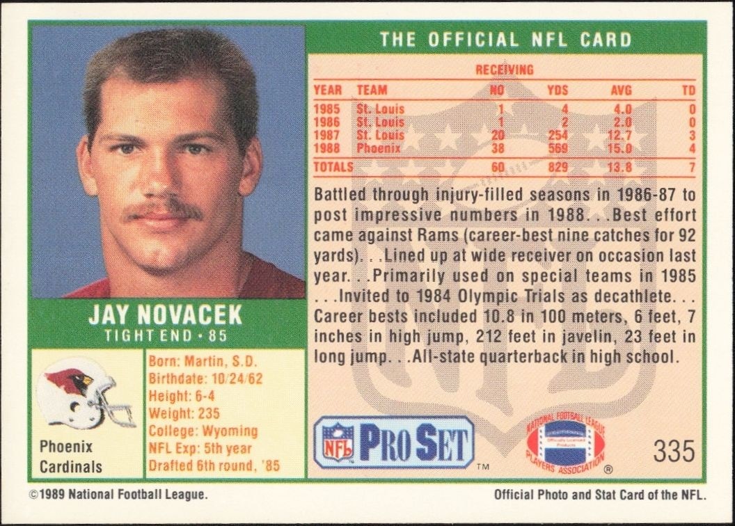 1989 Pro Set Jay Novacek #335 football trading card back