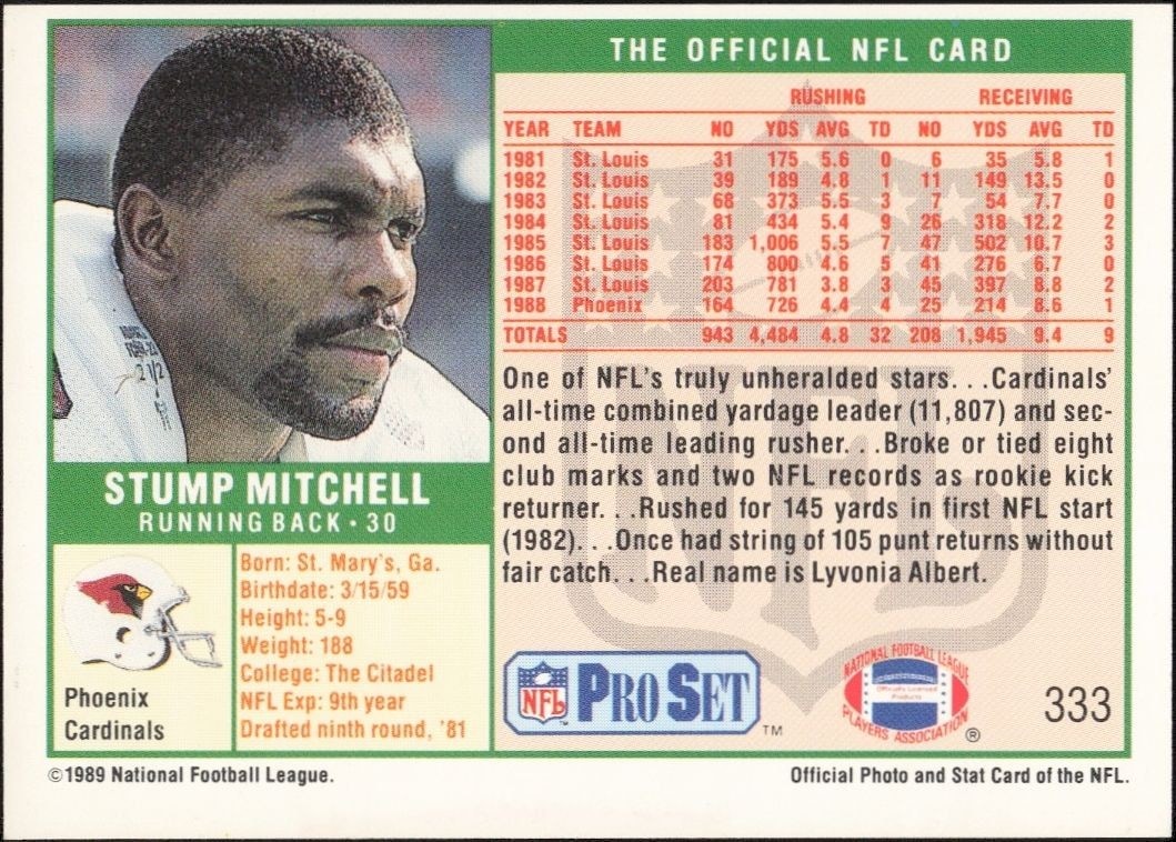 1989 Pro Set Stump Mitchell #333 football trading card back
