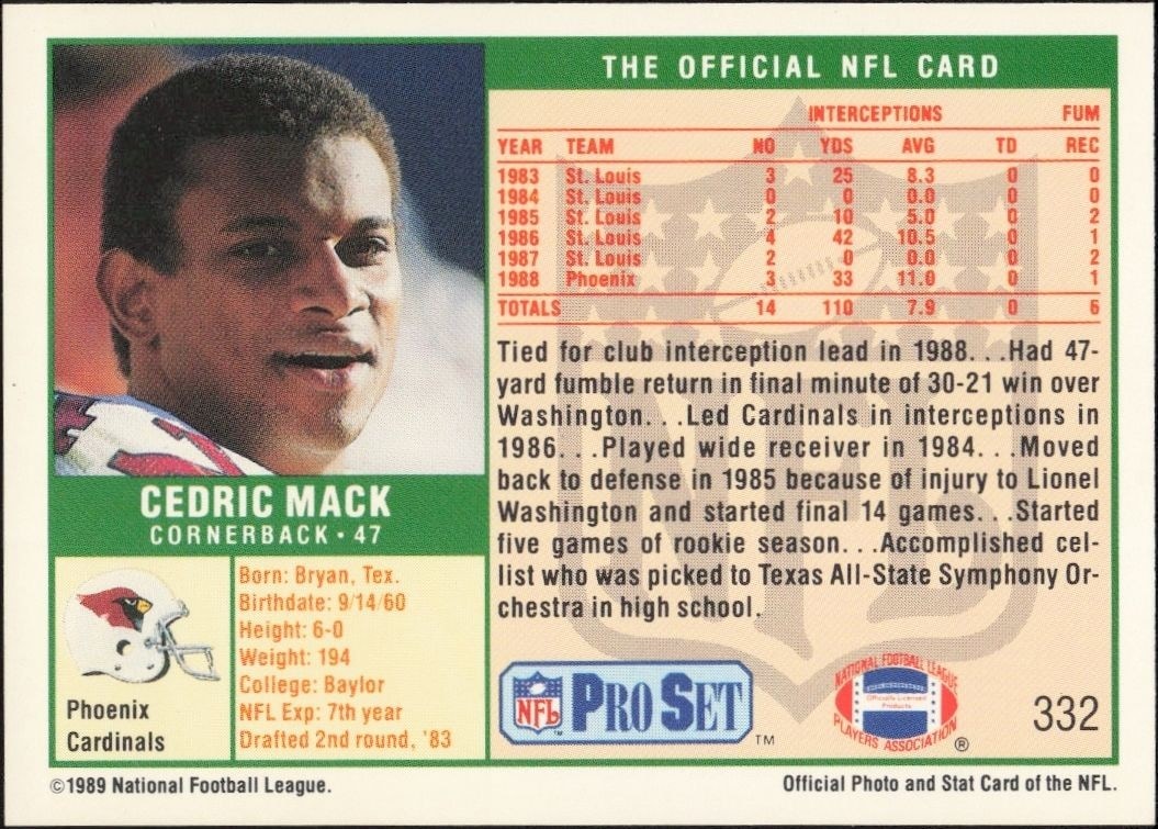 1989 Pro Set Cedric Mack #332 football trading card back