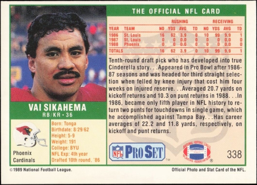 1989 Pro Set Vai Sikahema #338 football trading card back