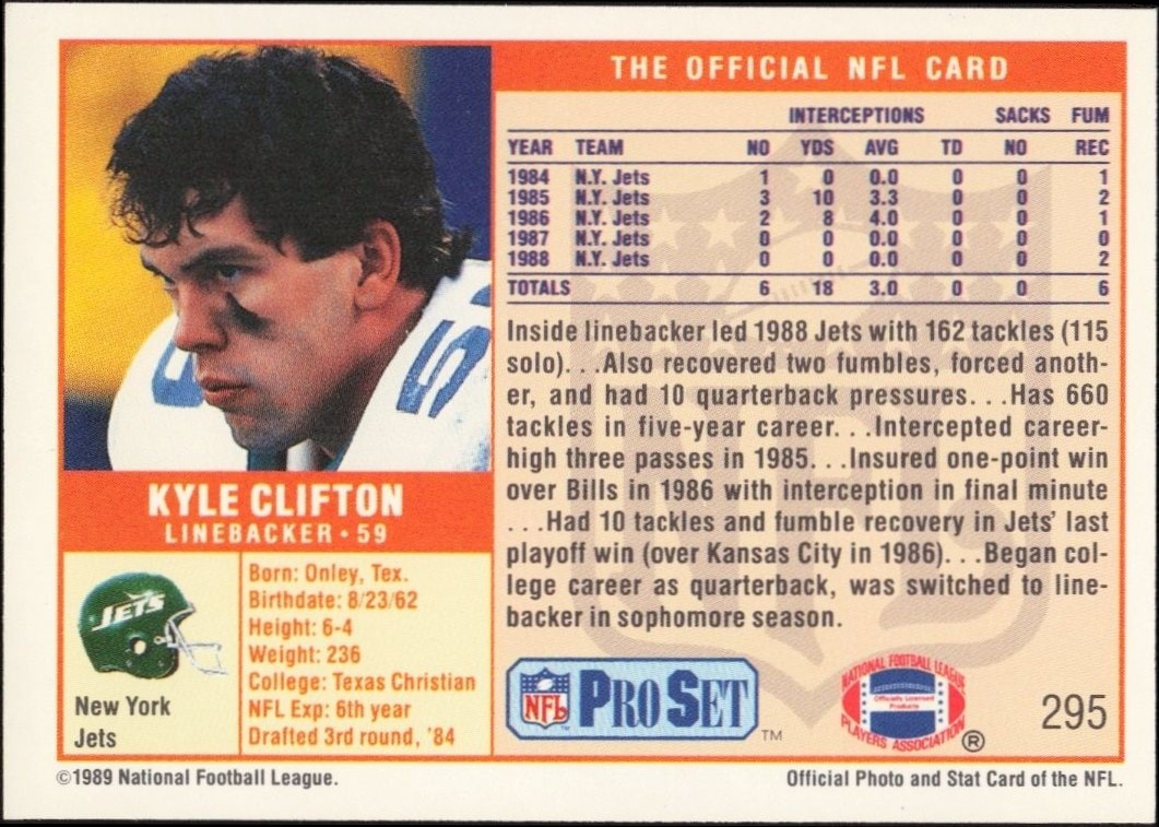 1989 Pro Set Kyle Clifton #295 football trading card back
