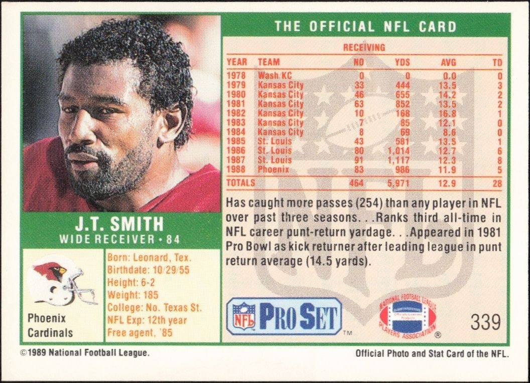 1989 Pro Set J.T. Smith #339 football trading card back