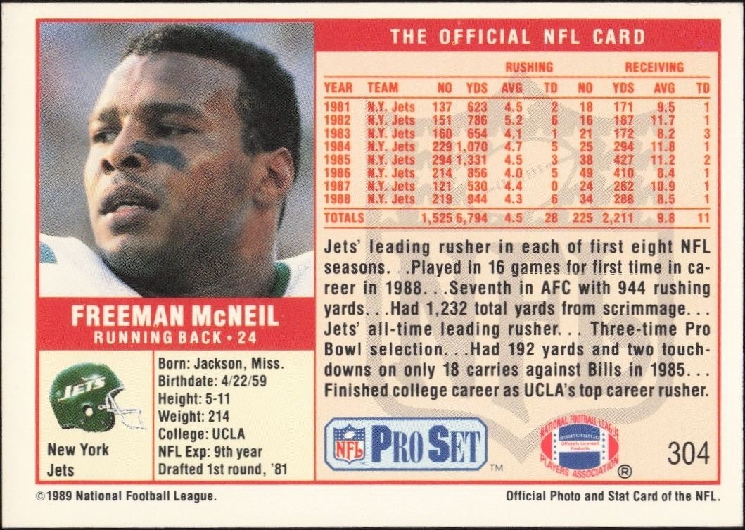 1989 Pro Set Freeman McNeil #304 football trading card back