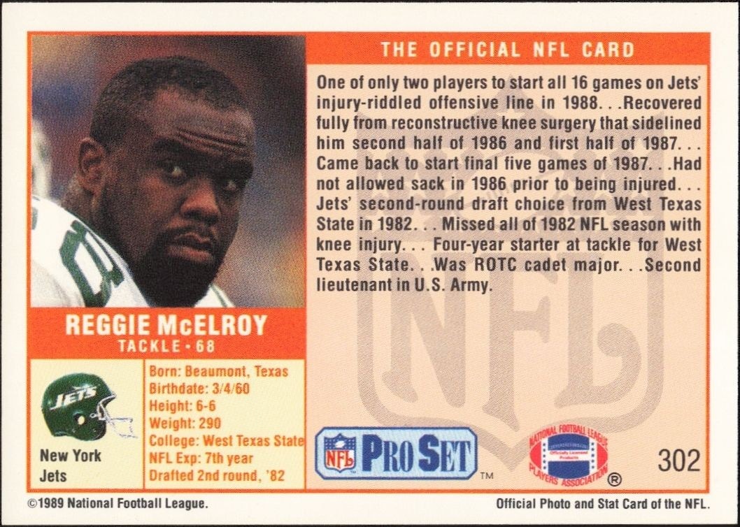 1989 Pro Set Reggie McElroy #302 football trading card back