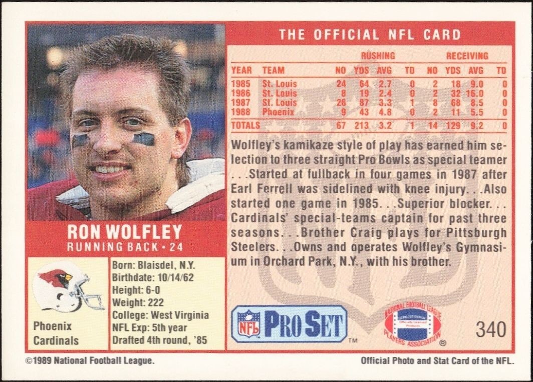 1989 Pro Set Ron Wolfley #340 football trading card back