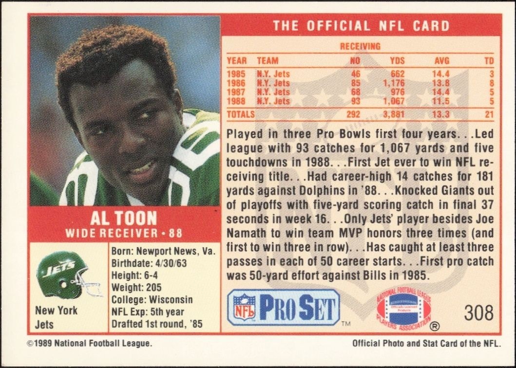 1989 Pro Set Al Toon #308 football trading card back