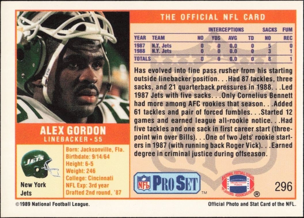 1989 Pro Set Alex Gordon #296 football trading card back