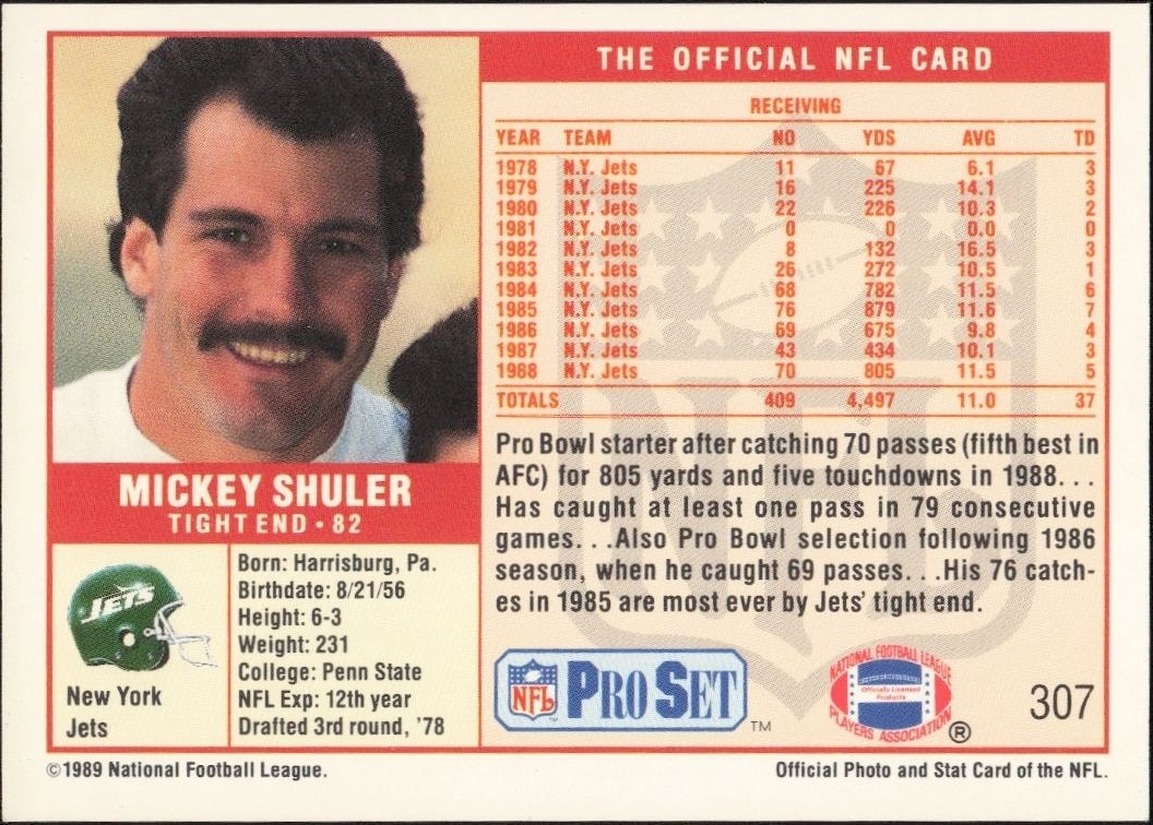 1989 Pro Set Mickey Shuler #307 football trading card back