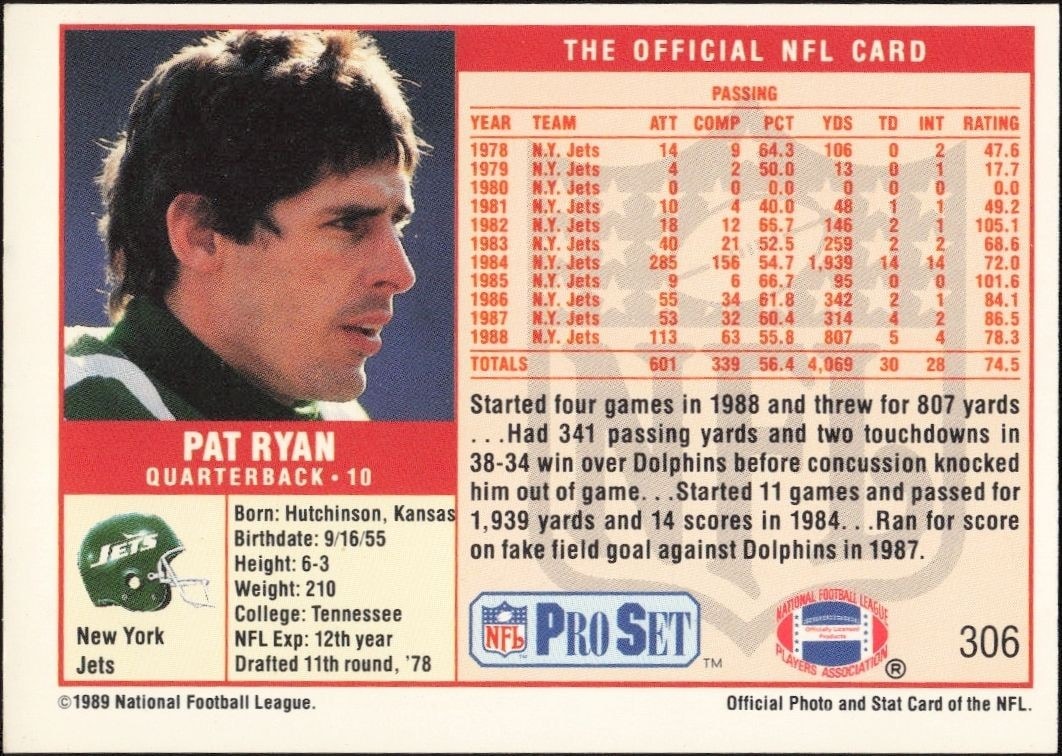1989 Pro Set Pat Ryan #306 football trading card back