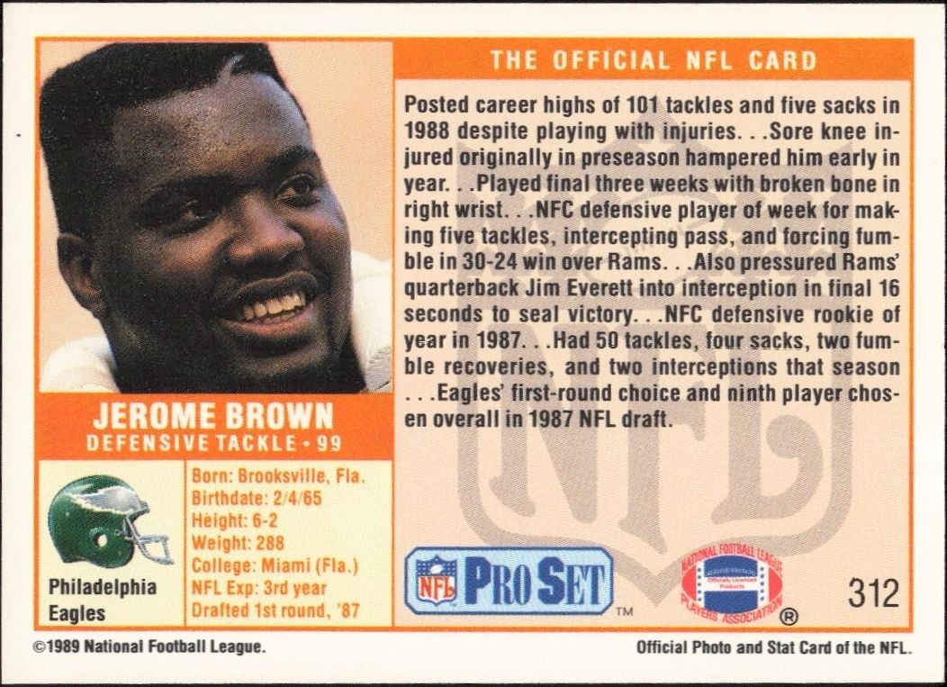 1989 Pro Set Jerome Brown #312 football trading card back
