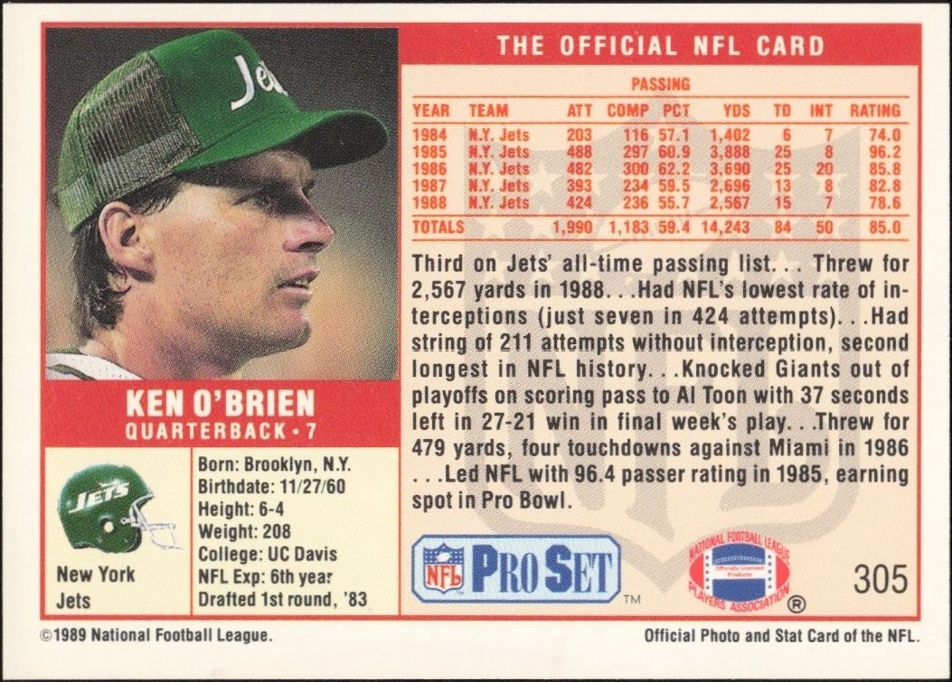 1989 Pro Set Ken O'Brien #305 football trading card back
