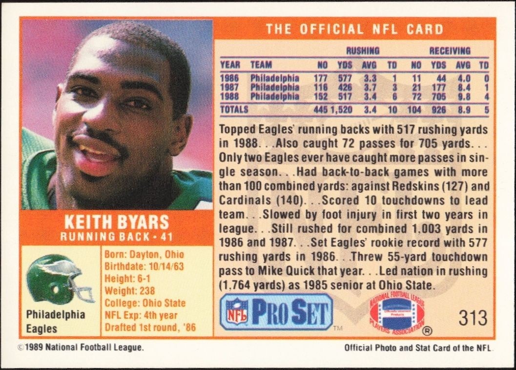 1989 Pro Set Keith Byars #313 football trading card back
