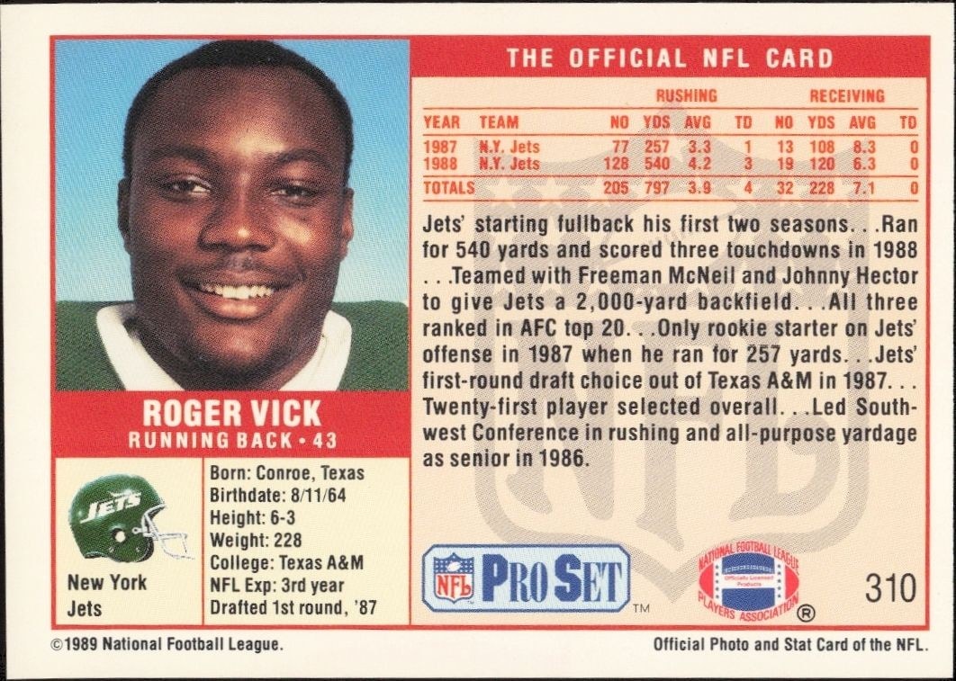 1989 Pro Set Roger Vick #310 football trading card back