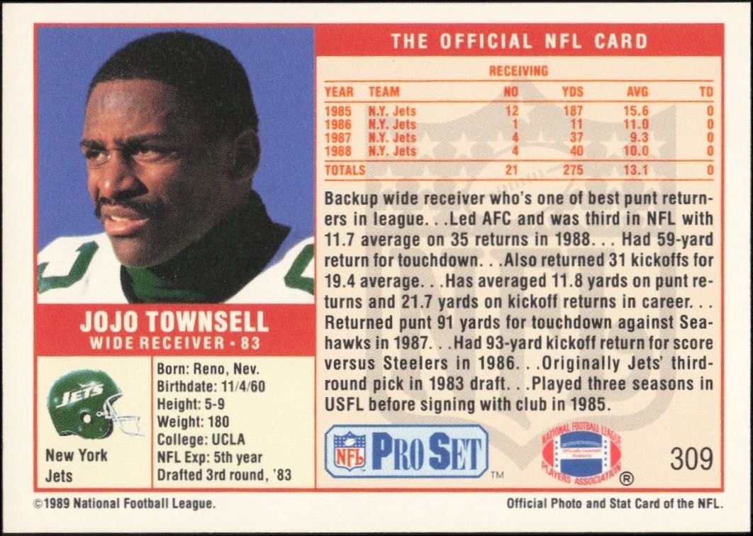 1989 Pro Set Jo Jo Townsell #309 football trading card back