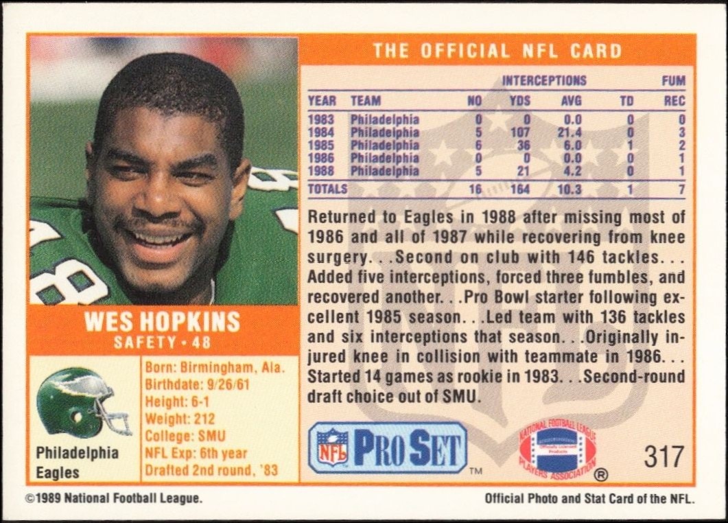 1989 Pro Set Wes Hopkins #317 football trading card back