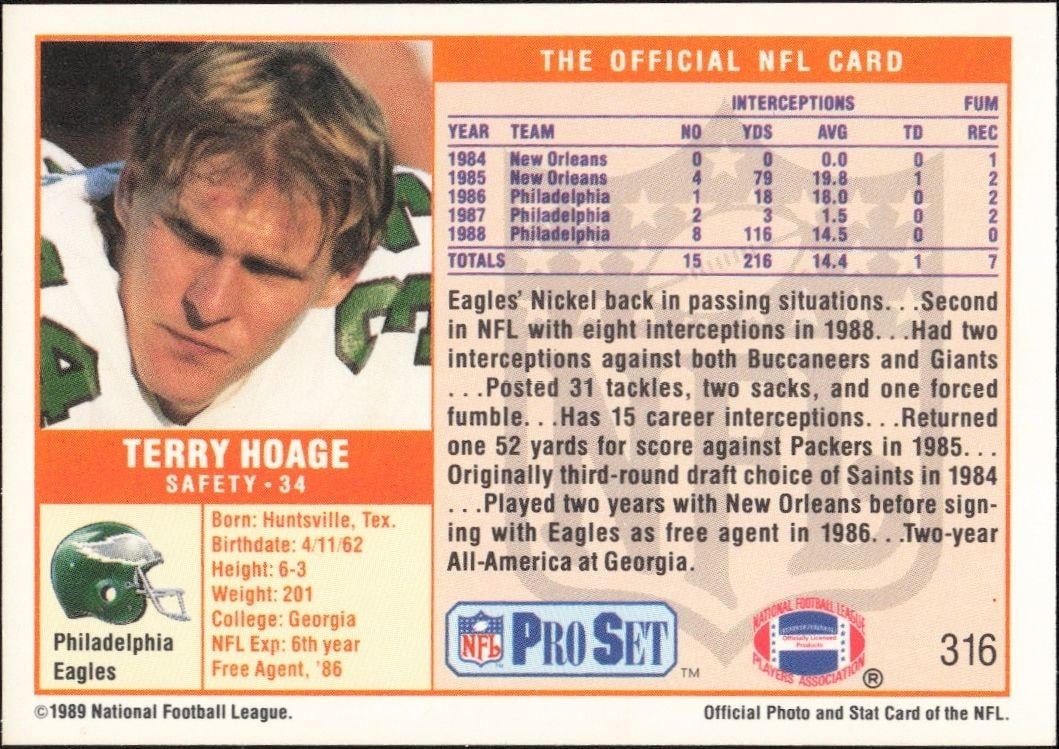 1989 Pro Set Terry Hoage #316 football trading card back