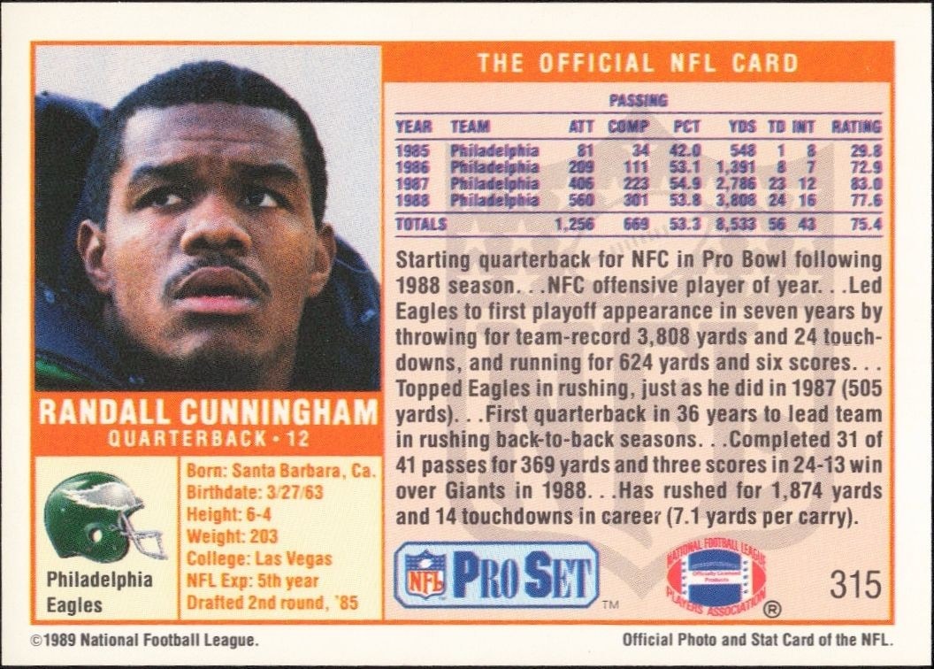 1989 Pro Set Randall Cunningham #315 football trading card back