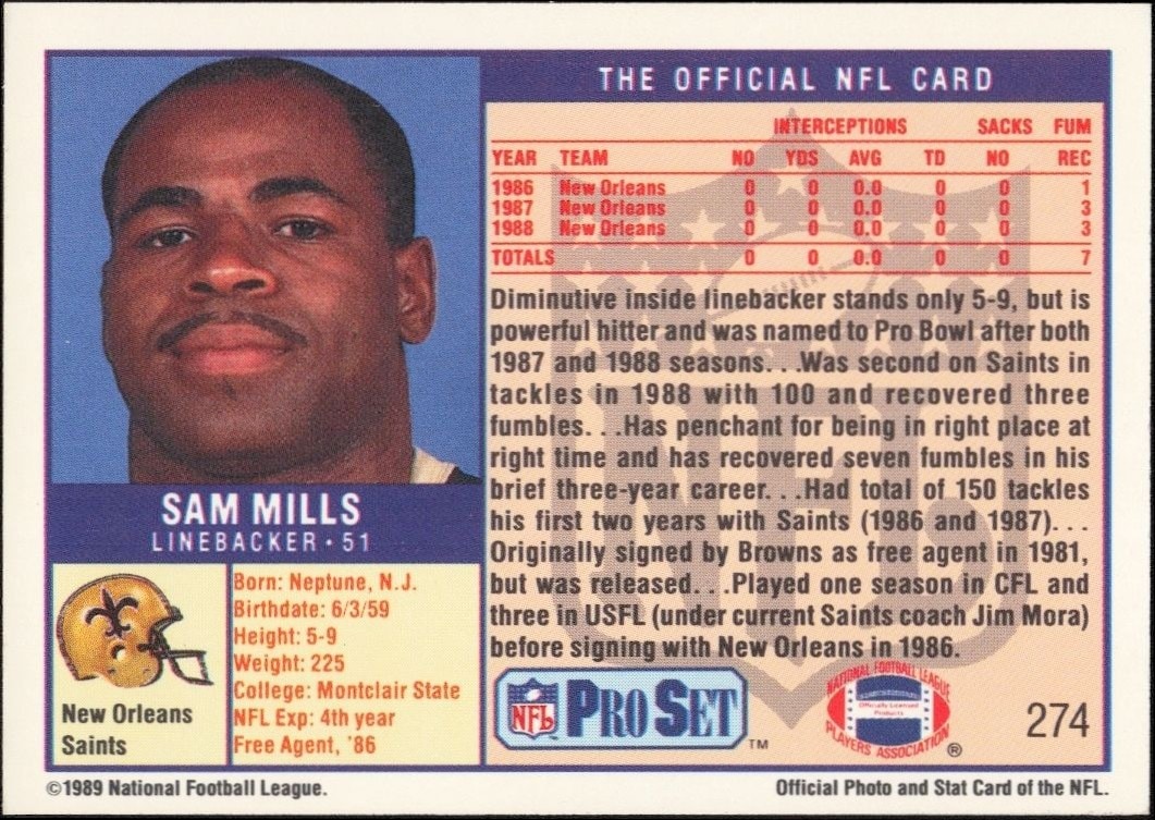 1989 Pro Set Sam Mills #274 football trading card back