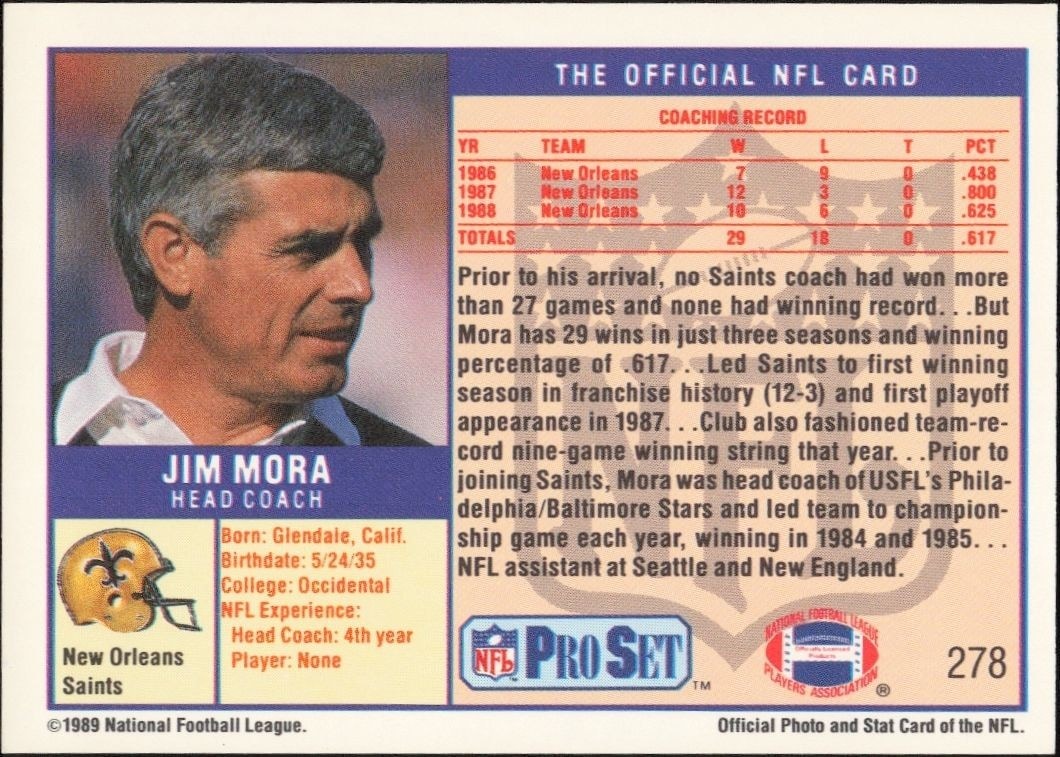 1989 Pro Set Jim Mora #278 football trading card back
