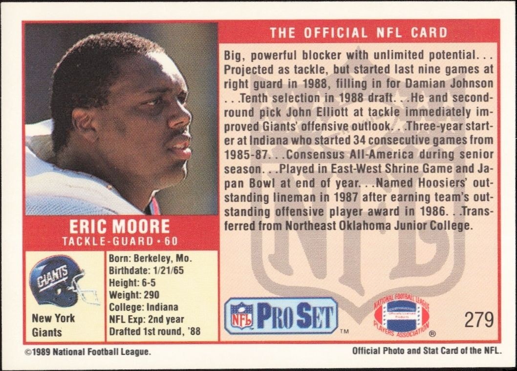 1989 Pro Set Eric Moore #279 football trading card back