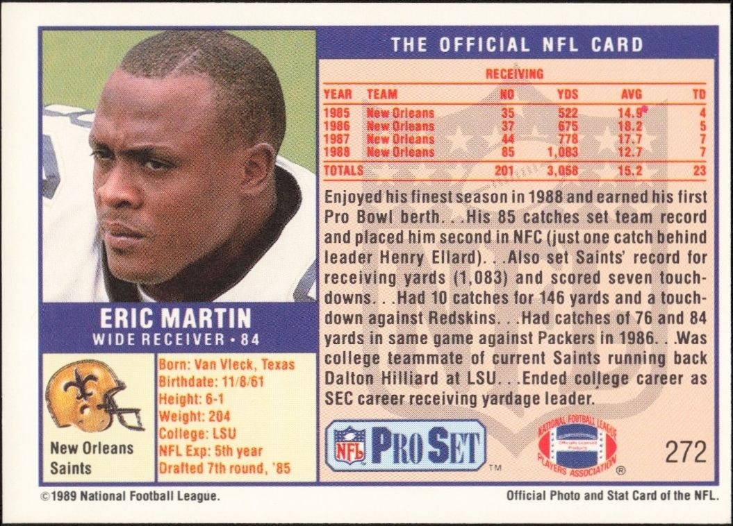 1989 Pro Set Eric Martin #272 football trading card back
