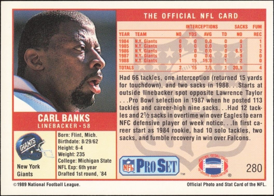 1989 Pro Set Carl Banks #280 football trading card back