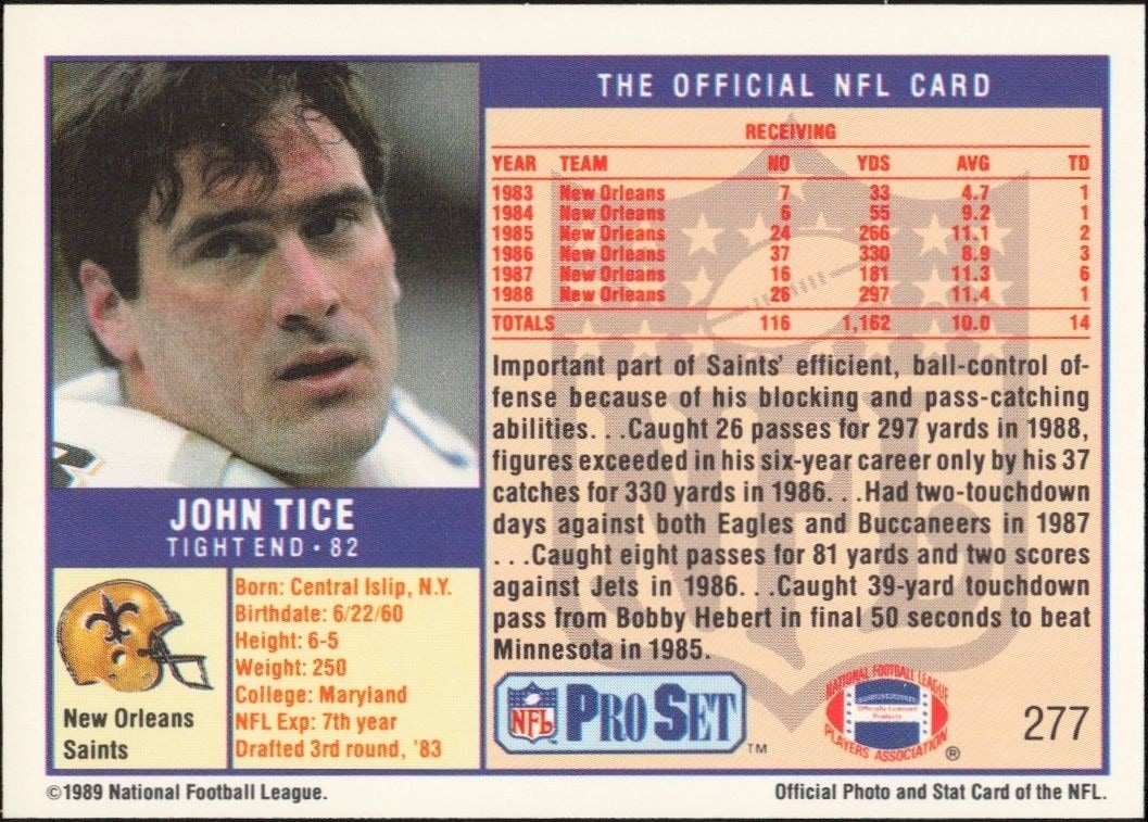 1989 Pro Set John Tice #277 football trading card back