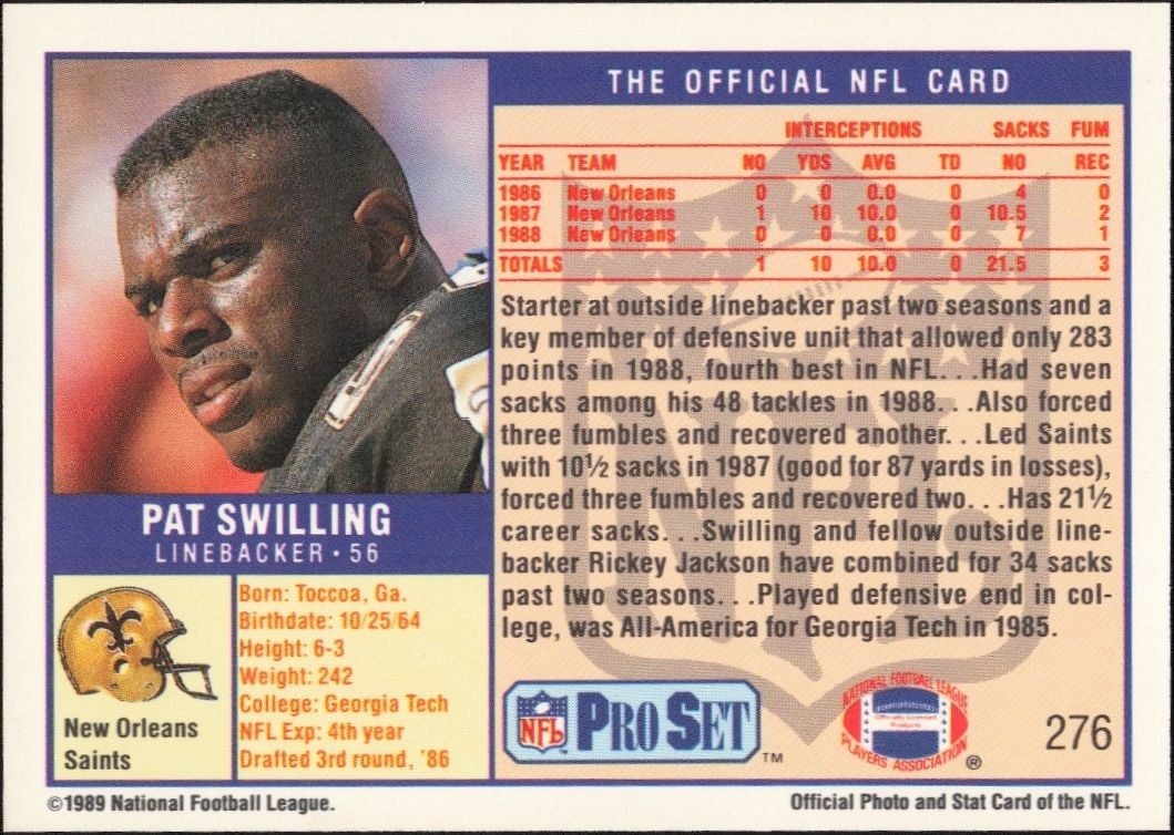 1989 Pro Set Pat Swilling #276 football trading card back