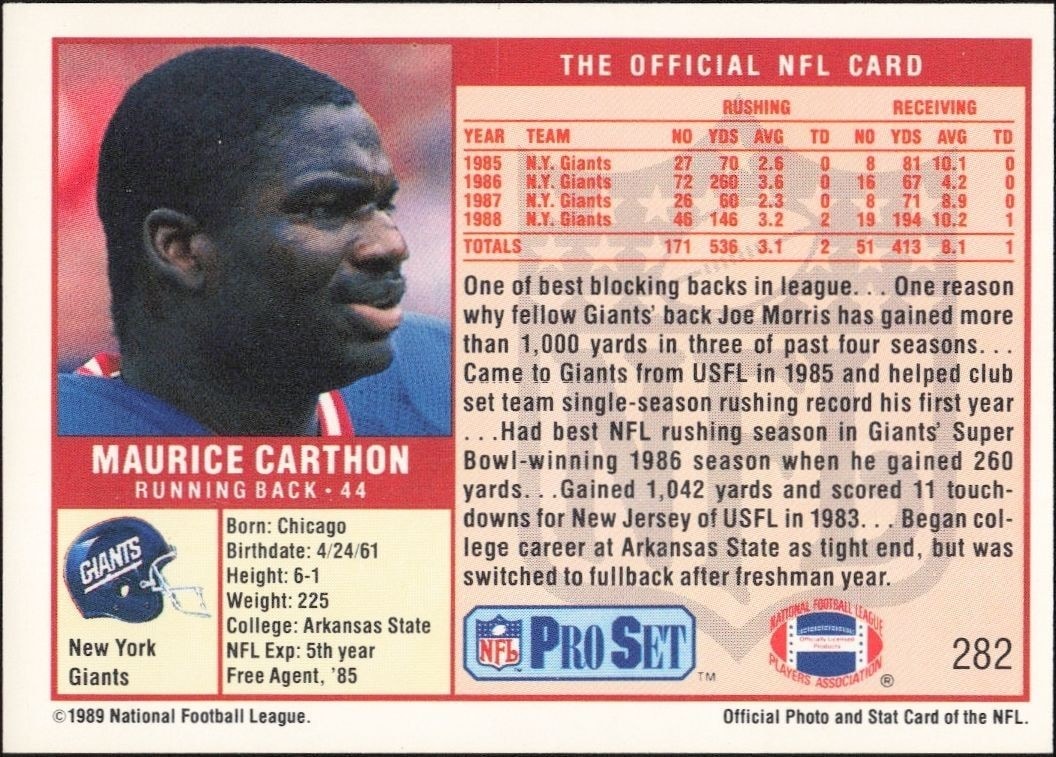 1989 Pro Set Maurice Carthon #282 football trading card back