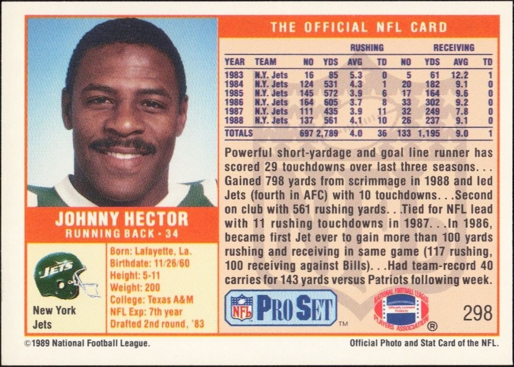 1989 Pro Set Johnny Hector #298 football trading card back