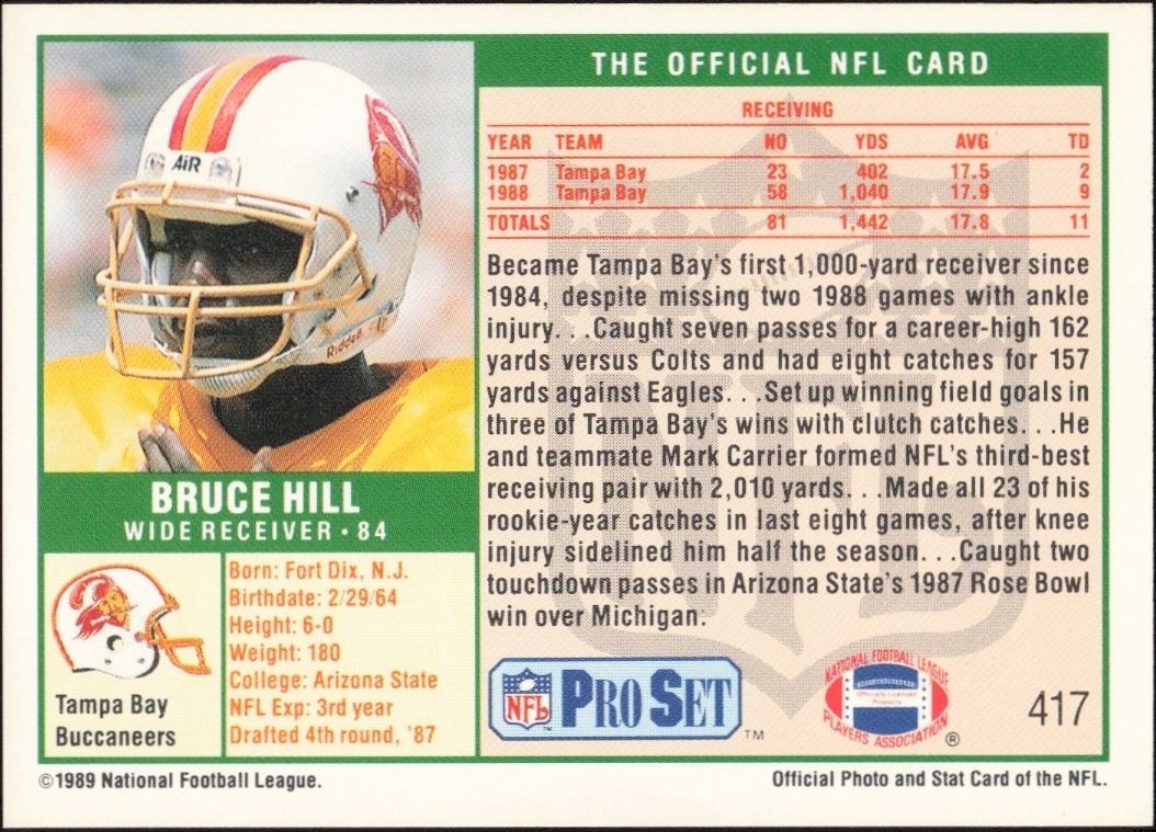 1989 Pro Set Bruce Hill #417 football trading card back