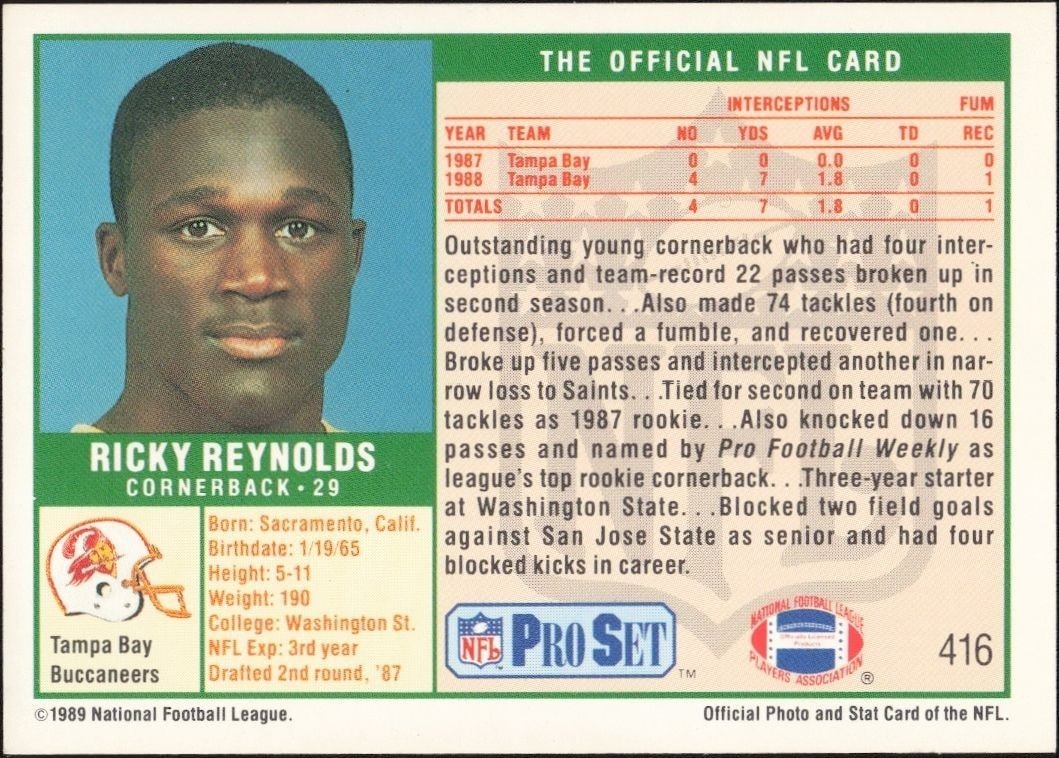 1989 Pro Set Ricky Reynolds #416 football trading card back