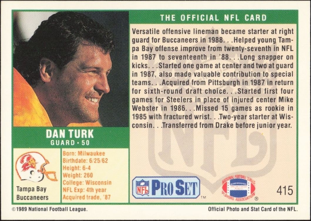1989 Pro Set Dan Turk #415 football trading card back