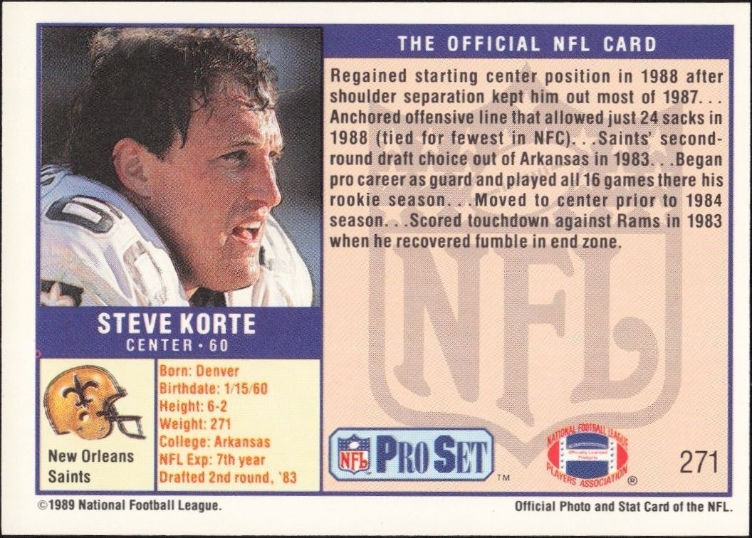 1989 Pro Set Steve Korte #271 football trading card back