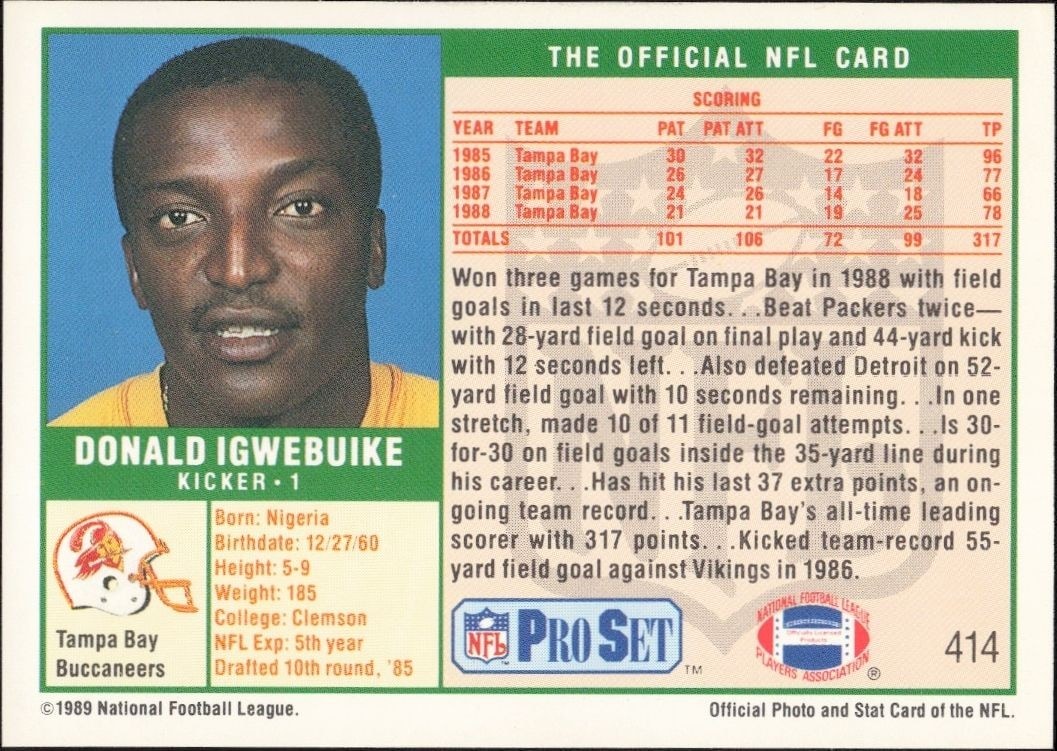 1989 Pro Set Donald Igwebuike #414 football trading card back