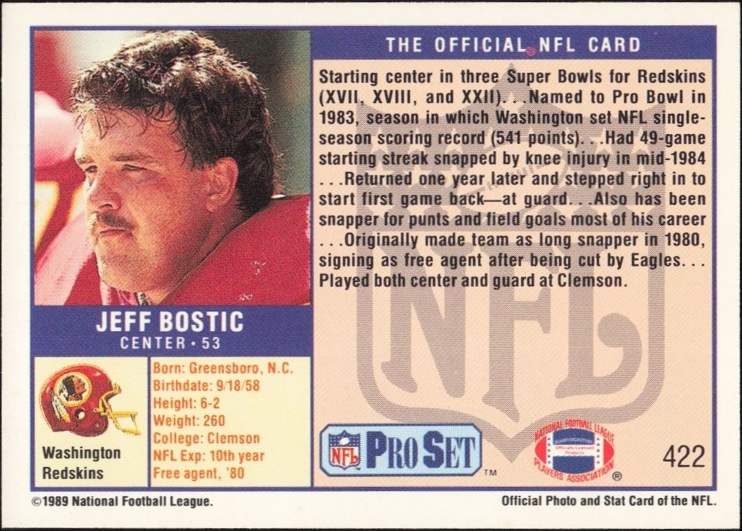 1989 Pro Set Jeff Bostic #422 football trading card back