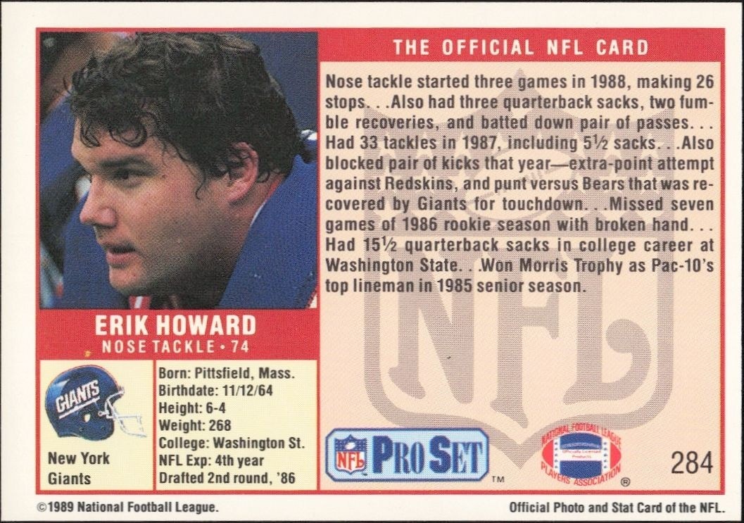 1989 Pro Set Erik Howard #284 football trading card back