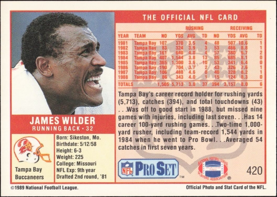 1989 Pro Set James Wilder #420 football trading card back