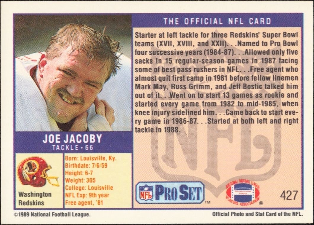 1989 Pro Set Joe Jacoby #427 football trading card back