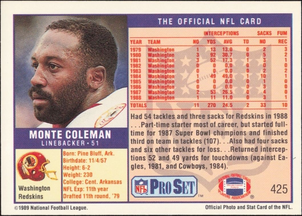 1989 Pro Set Monte Coleman #425 football trading card back
