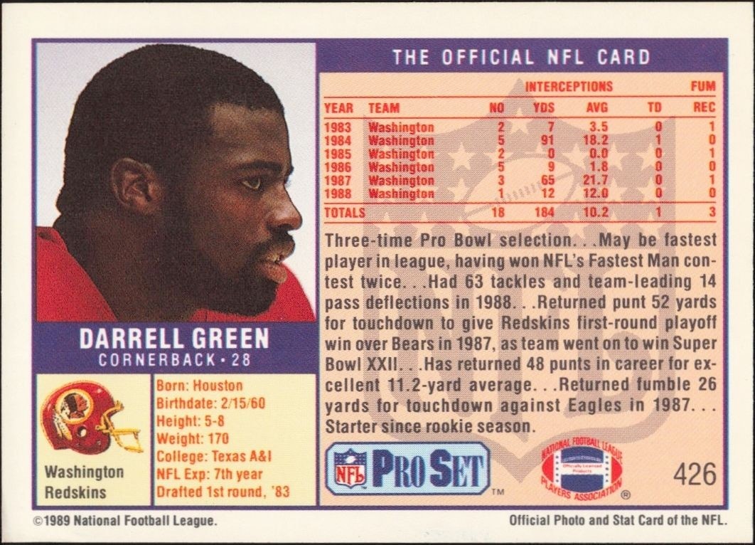 1989 Pro Set Darrell Green #426 football trading card back