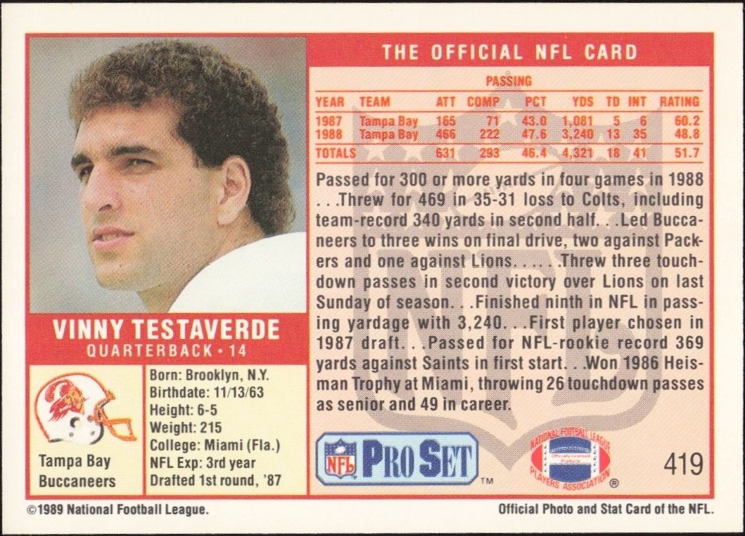 1989 Pro Set Vinny Testaverde #419 football trading card back