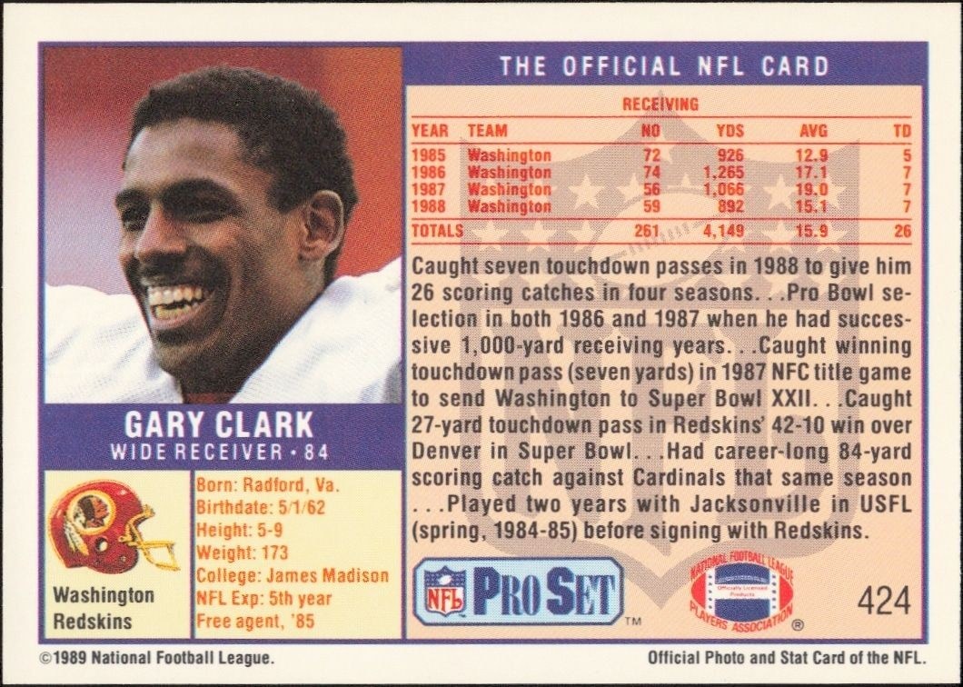 1989 Pro Set Gary Clark #424 football trading card back