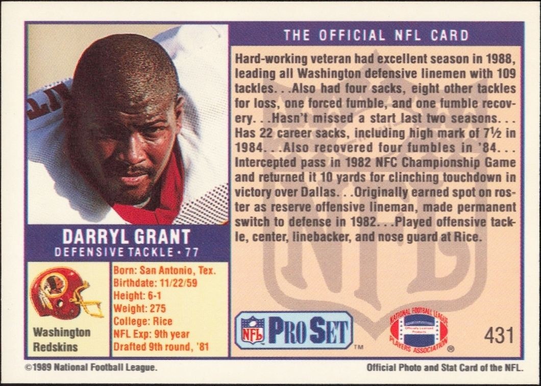 1989 Pro Set Darryl Grant #431 football trading card back