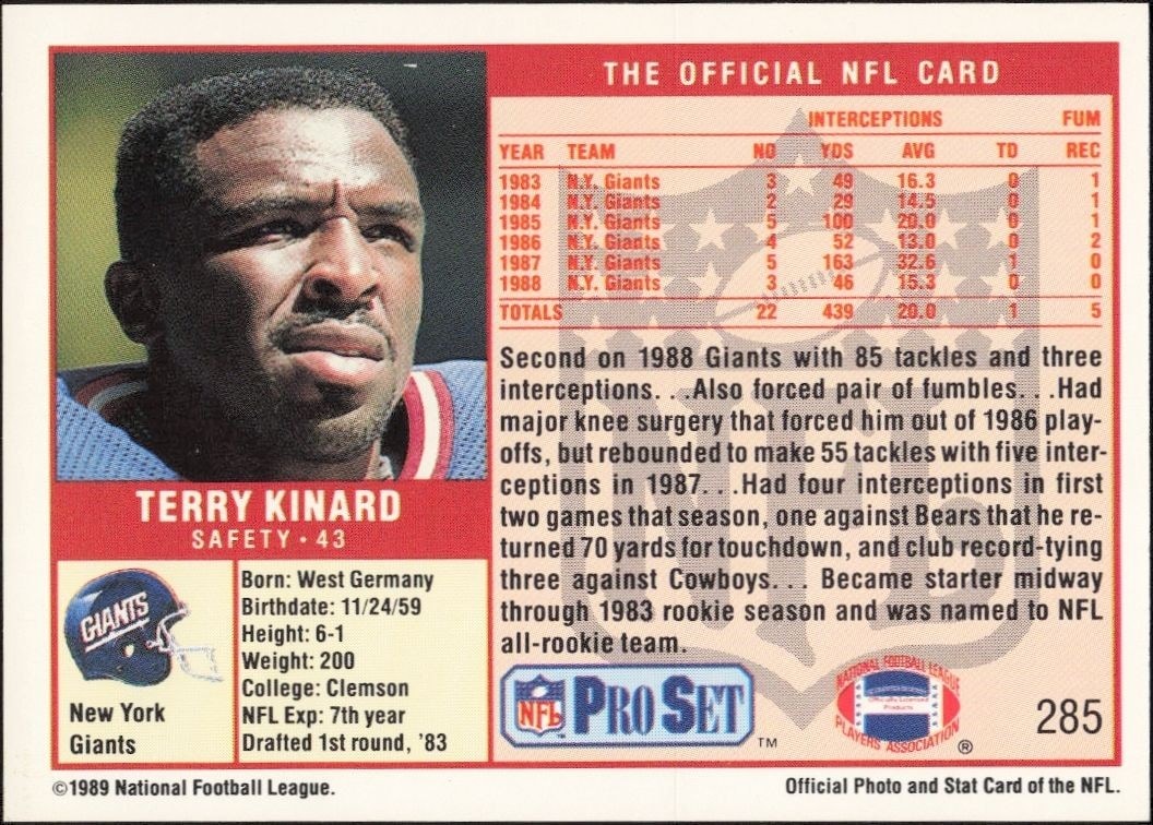 1989 Pro Set Terry Kinard #285 football trading card back