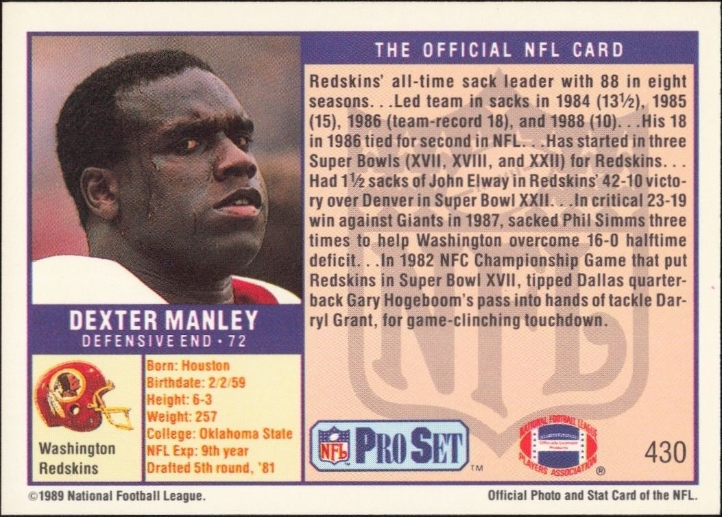 1989 Pro Set Dexter Manley #430 football trading card back